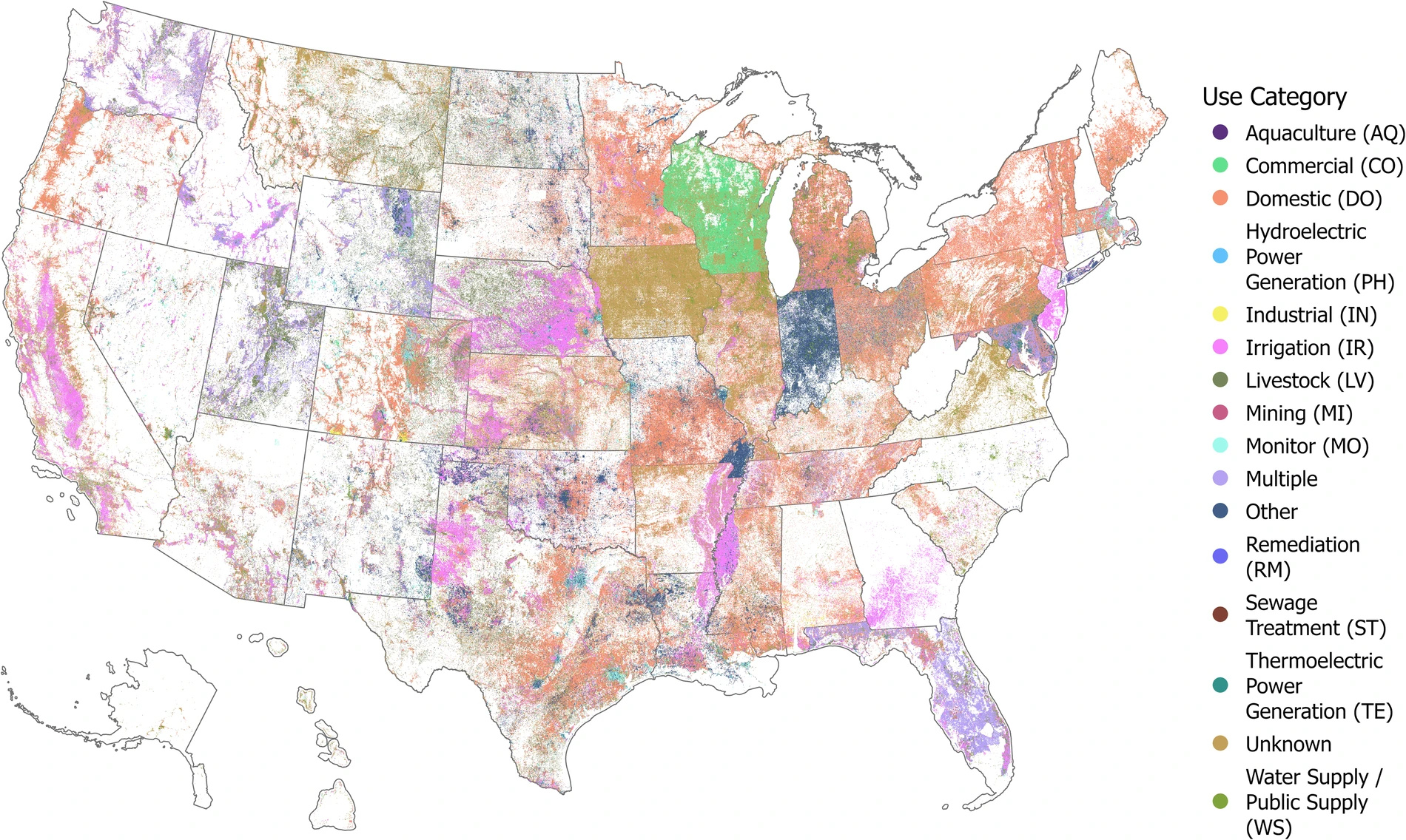 Figure 1. Water use types of 12,344,774 groundwater well records by use type in the United States (i.e., USGWD–Geospatial) after removing 1,915,978 records that had missing or incorrect locational details in USGWD–Tabular.