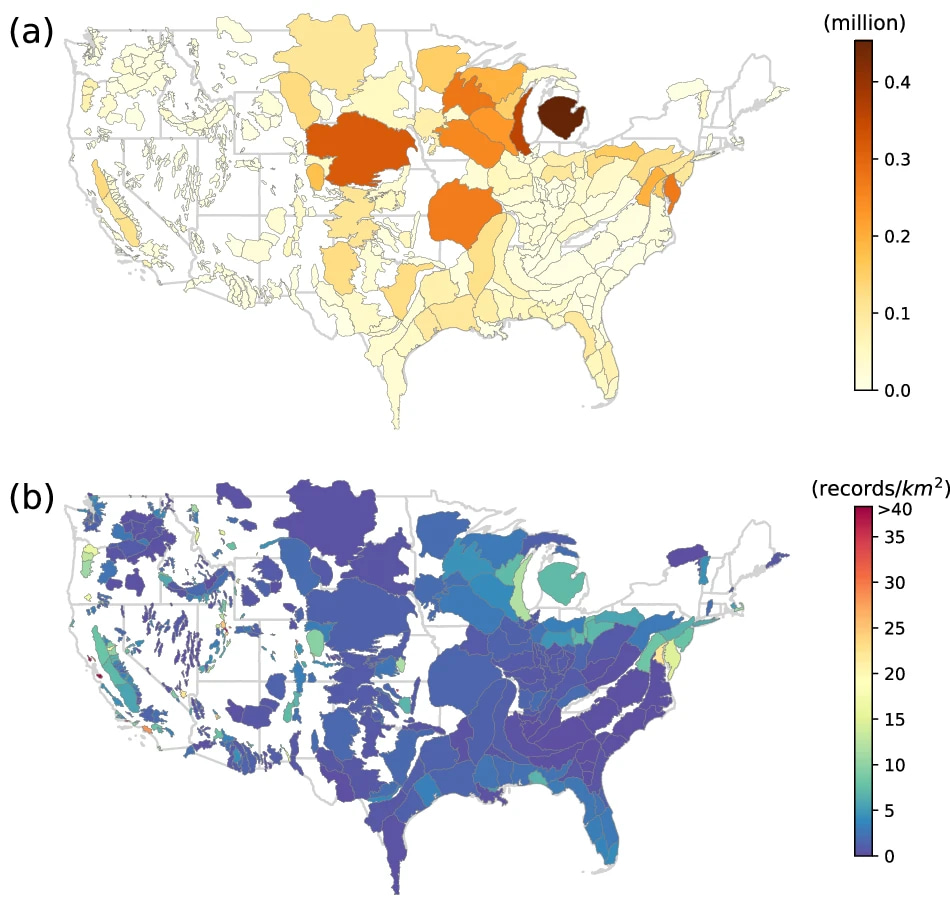 Figure 2. Heat maps of the a) count of groundwater well records and b) the density of well records over major and minor aquifers in the United States from USGWD–Geospatial.