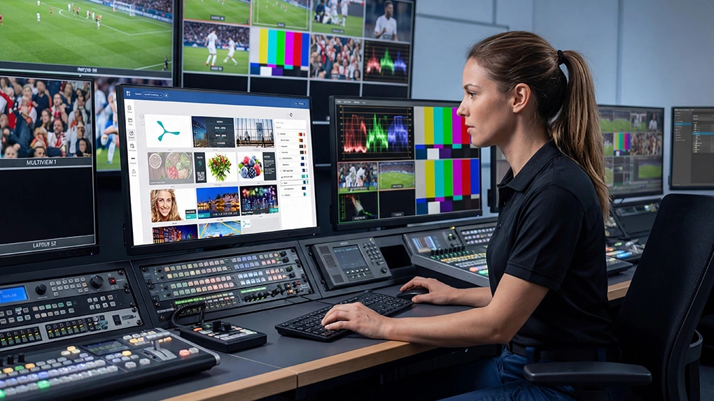 control center room at a stadium and a lady controlling digital signage content with spinetix arya