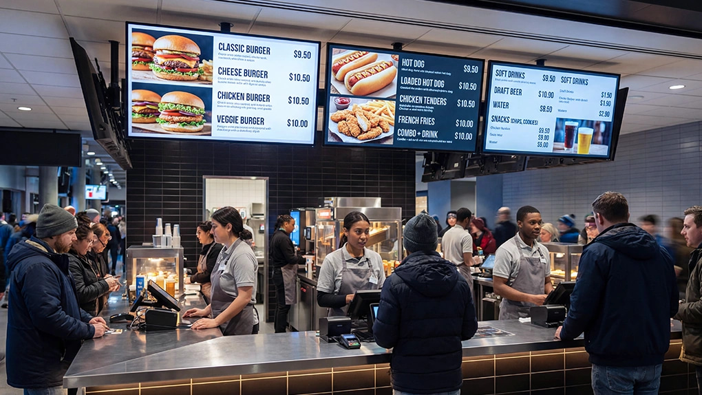 fast food joint at a stadium with digital menu board
