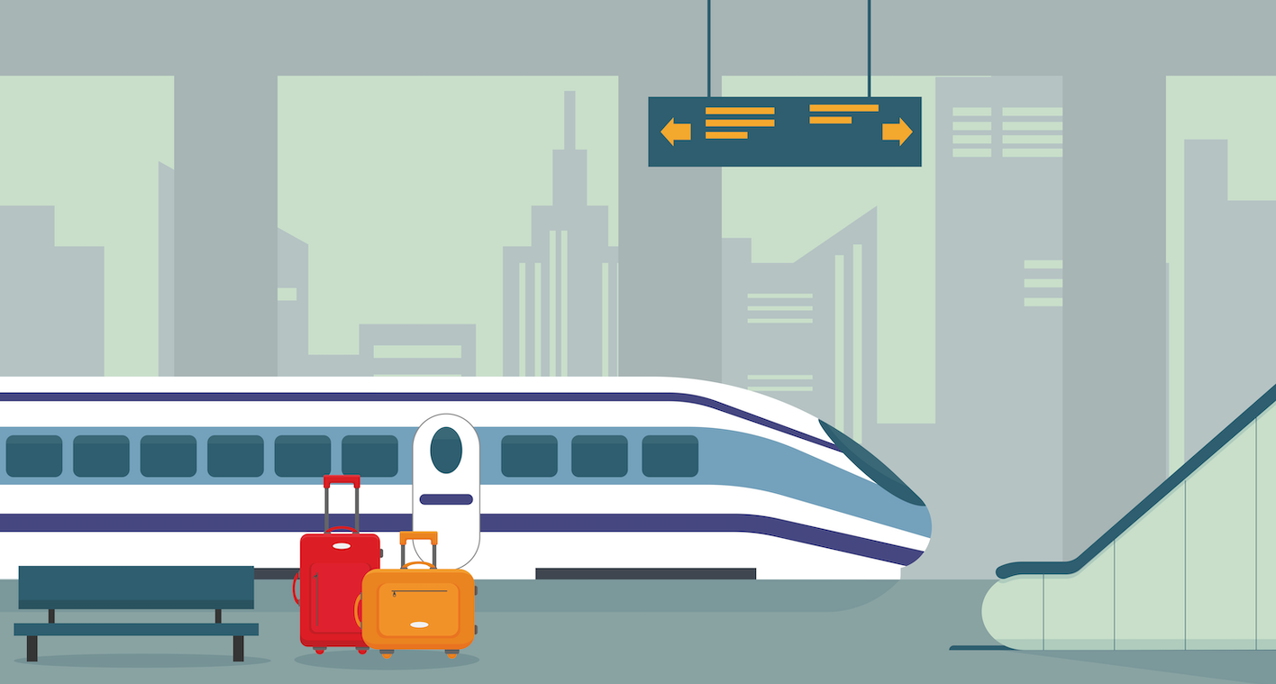 An illustration of a train and two suitcases on the platform