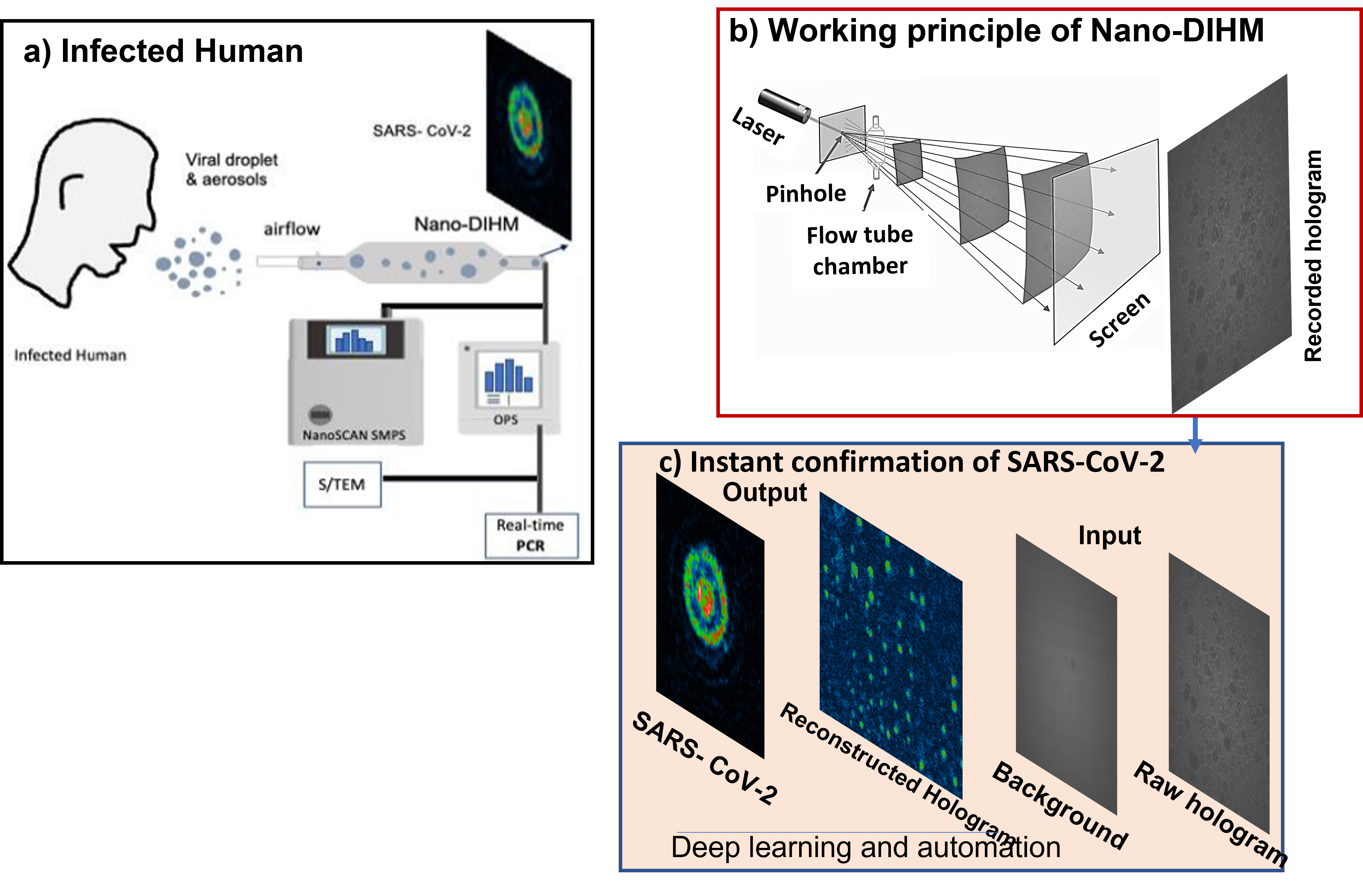 Figure 1:	Schematic and workflow of Nano-DIHM setup. (a) SARS-CoV-2 transmission by an infected human via airborne transmission. The airborne viral droplets were passed through the flow tube cuvette to the Nano-DIHM sample volume and Scanning Mobility Particle Sizer (SMPS). The Nano-DIHM was used to record the airborne viral droplets, and artificial intelligence was used to detect and characterize viral particles. (b) Working principle of holography microscopy, where laser/pinhole emits the light and holograms are recorded on the screen. (c) An example of Deep learning for SARS-CoV-2 analysis, where raw and background holograms are input images and Stingray software determines the SARS-CoV-2 physicochemical properties. This schematic used from our published paper [Pal et al., 2023].