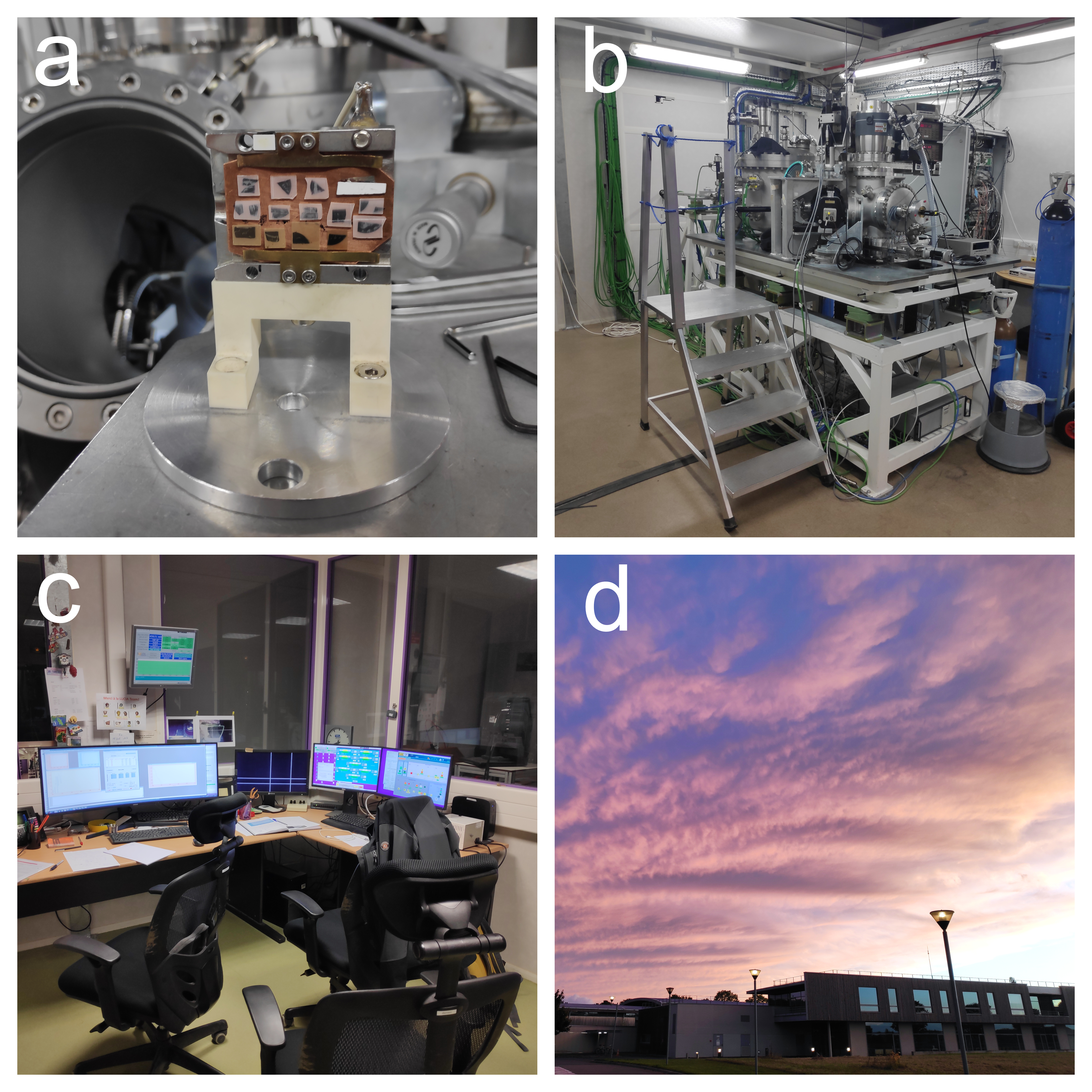 Figure 3: a) Samples mounted on a holder. b) Inside LUCIA beamline hutch. c) Inside the control room during night shift. d) Evening skies above Soleil synchrotron facilities.