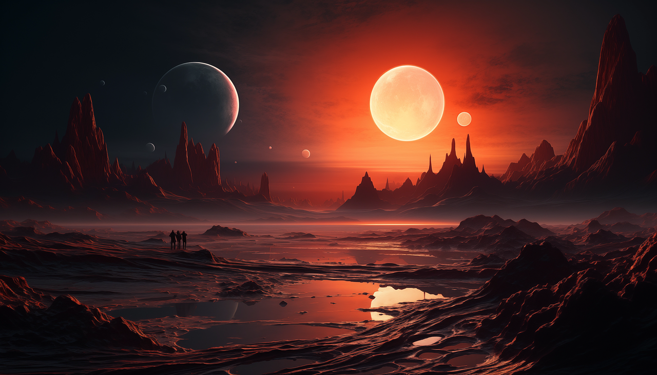 AI generated image of an alien world with a thin layer of fluid