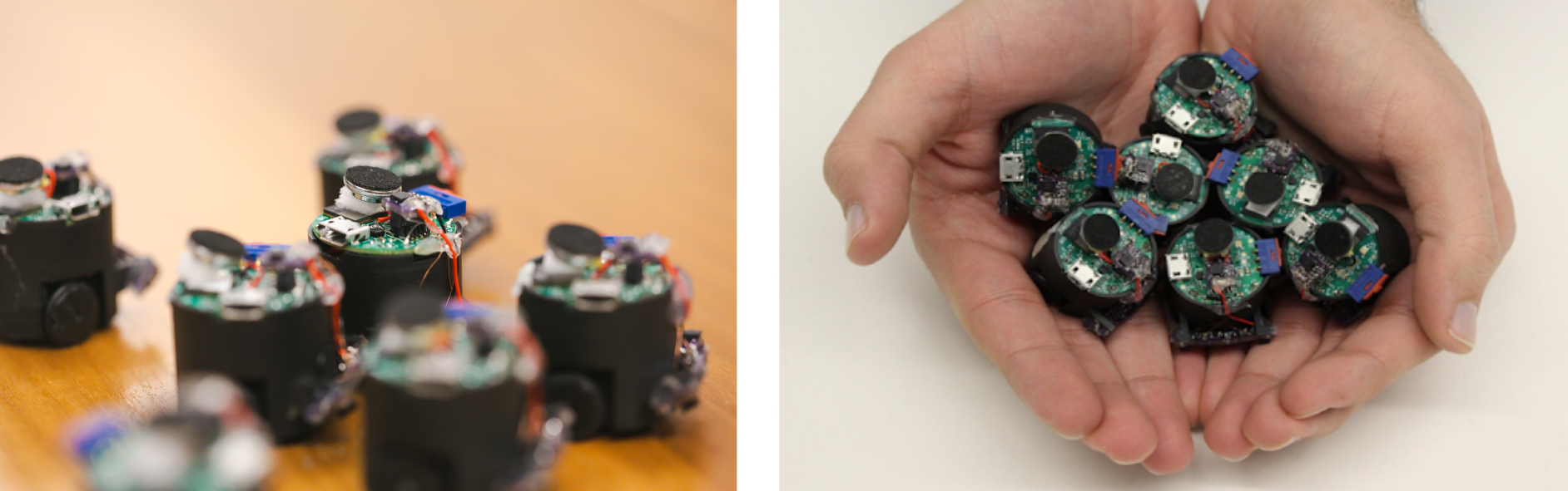 Two figures. On the left, the acoustic swarm on a table. On the right, a person holding the acoustic swarm.