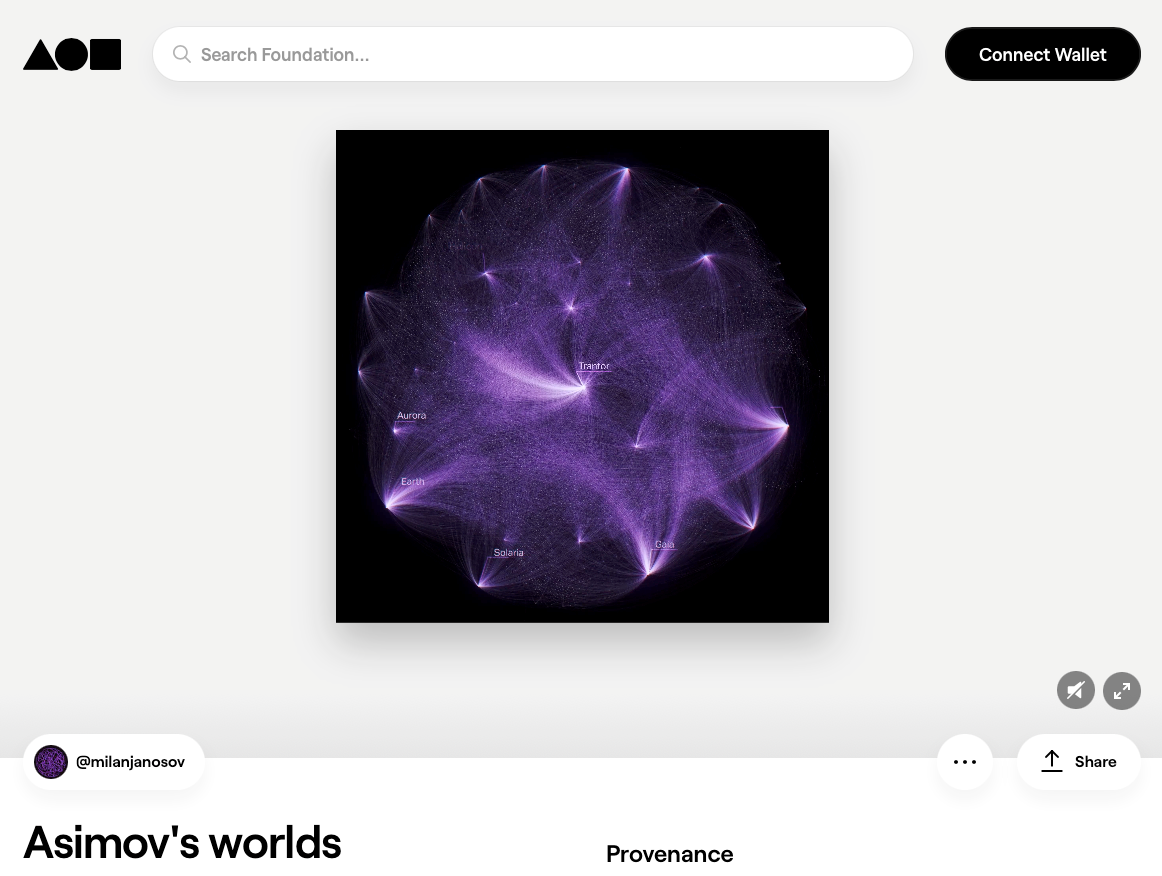 Figure 3. Asimov’s worlds minted as an NFT artwork at https://foundation.app/@milanjanosov/ /92747.