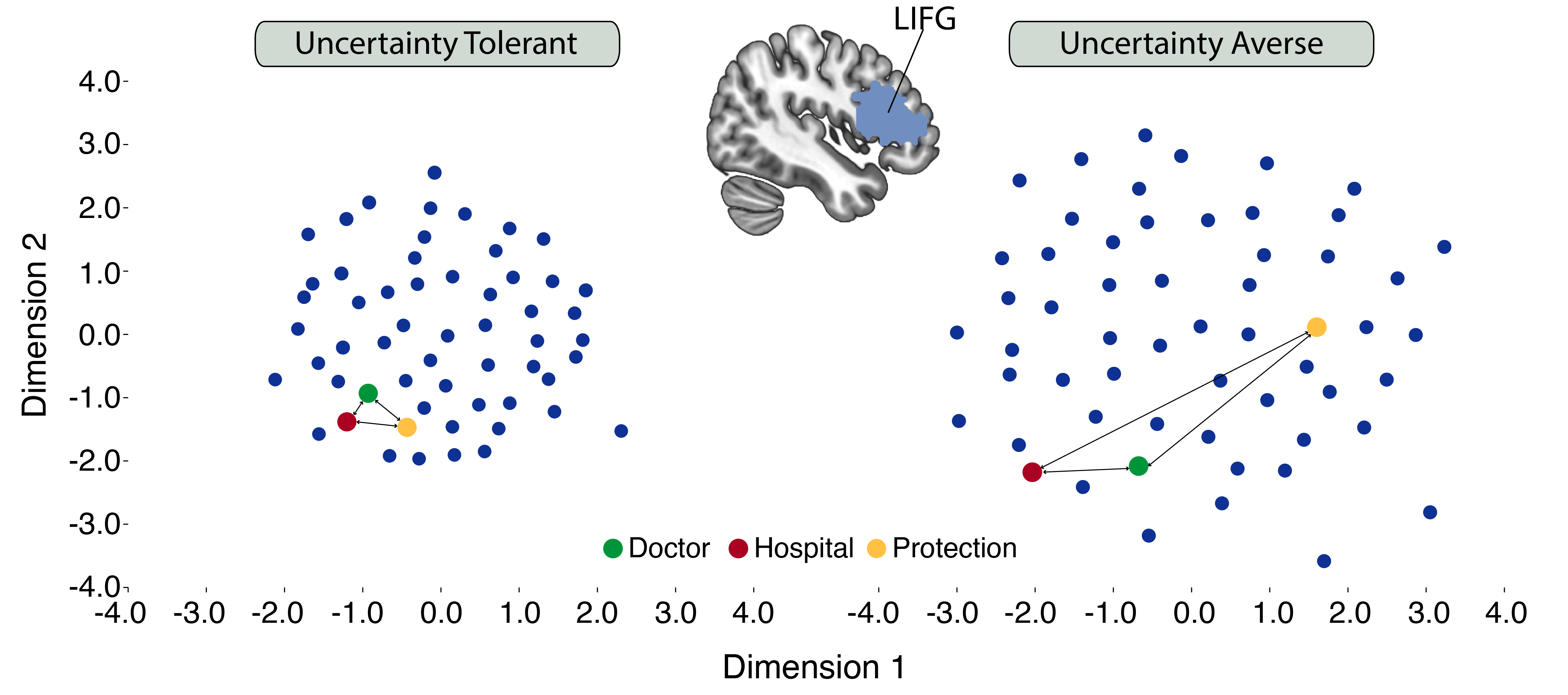 The relationship between uncertainty aversion and representational distance between words in the left inferior frontal gyrus (LIFG) is illustrated using two representative participants who differ in their attitudes towards uncertainty. The neural activity pattern associated with each concept (word) is represented by a point in the plane. Concepts are represented as more distanced from one another for the individual who is averse to uncertainty.
