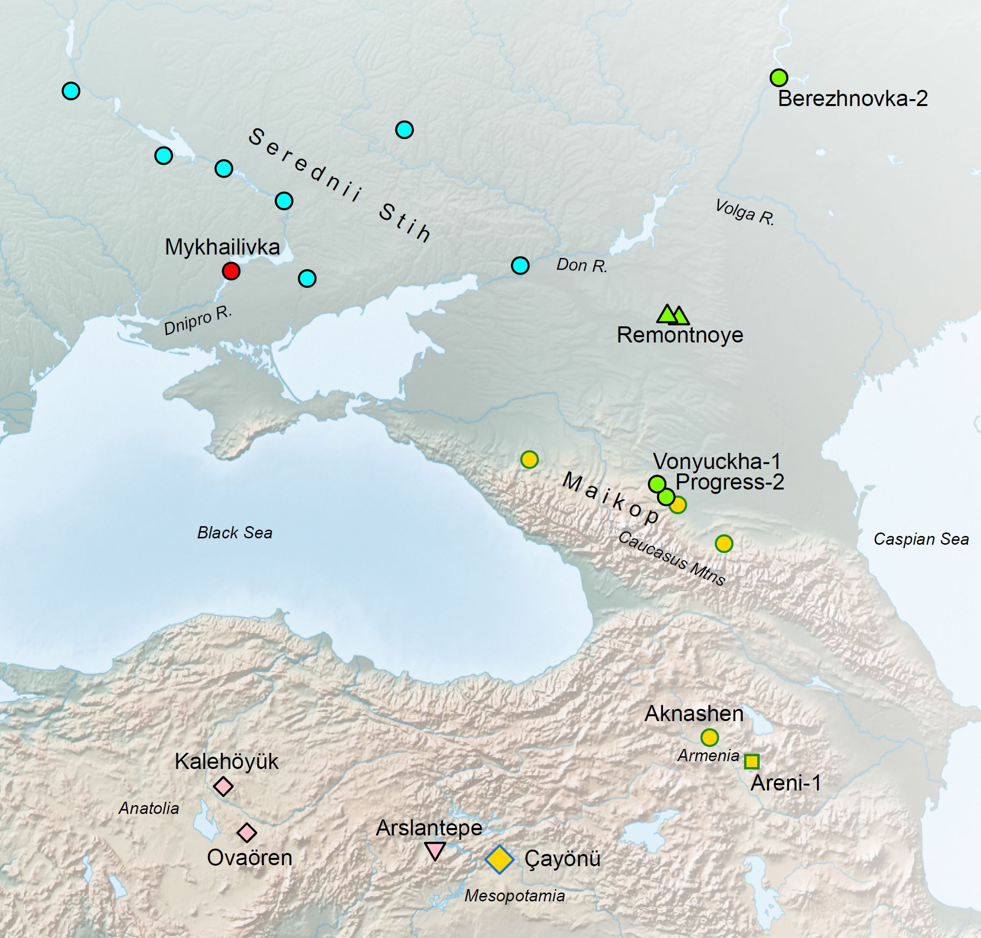 Indo-European languages were spread by the Yamna (Ukrainian)/Yamnaya (Russian) culture that emerged in the territory of the Serednii Stih culture of the steppe north of the Black Sea. Deeper in time, these people had ancestry from the Caucasus-Lower Volga frontier zone and genetic cline (Aknashen-Maikop-Remontnoye-Berezhnovka). People from this cline also spread southwards and can be detected along the path (Areni-1-Arslantepe-Ovaören-Kalehöyük) leading to the (now extinct) Anatolian language speakers.