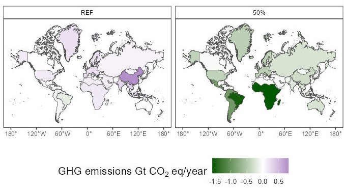 Figure 2. Change in emissions between 2020 and 2050 from agricultural and land use. Sinks from land restoration were included in the total emissions calculation. (REF) presents the distribution of emissions in the reference scenario, while (50%) presents results under the 50% global substitution scenario.