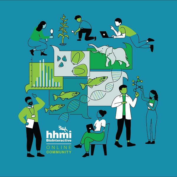 Designed image showing people interacting, representing the HHMI BioInteractive Online Community. Image by HHMI BioInteractive.