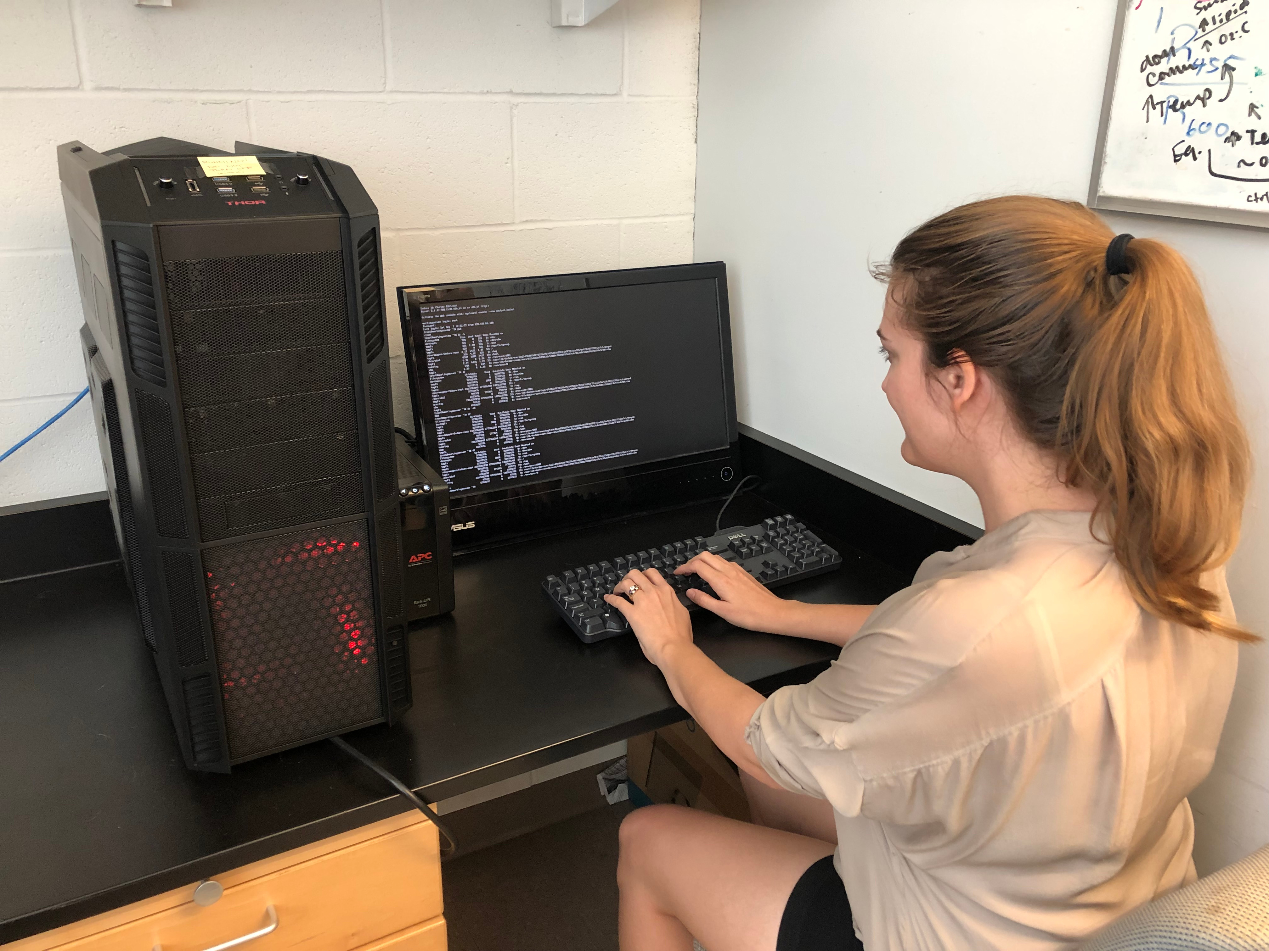 Former postdoctoral student, Alyse Larkin, works on bioinformatic processing in the Martiny lab. Photo credit: Alyse Larkin, UCAR