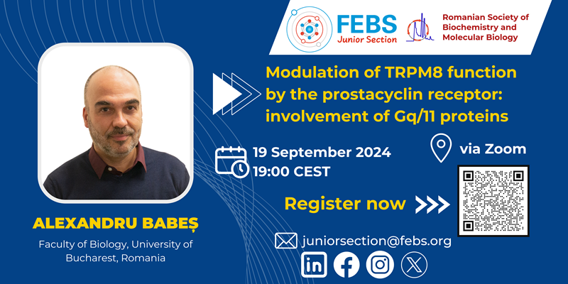 Event banner for the FEBS Junior Section webinar with Prof. Alexandru Babeș.