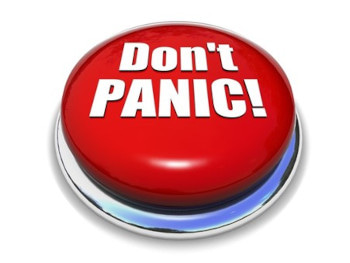 Illustrative image: large red button marked “don’t panic”