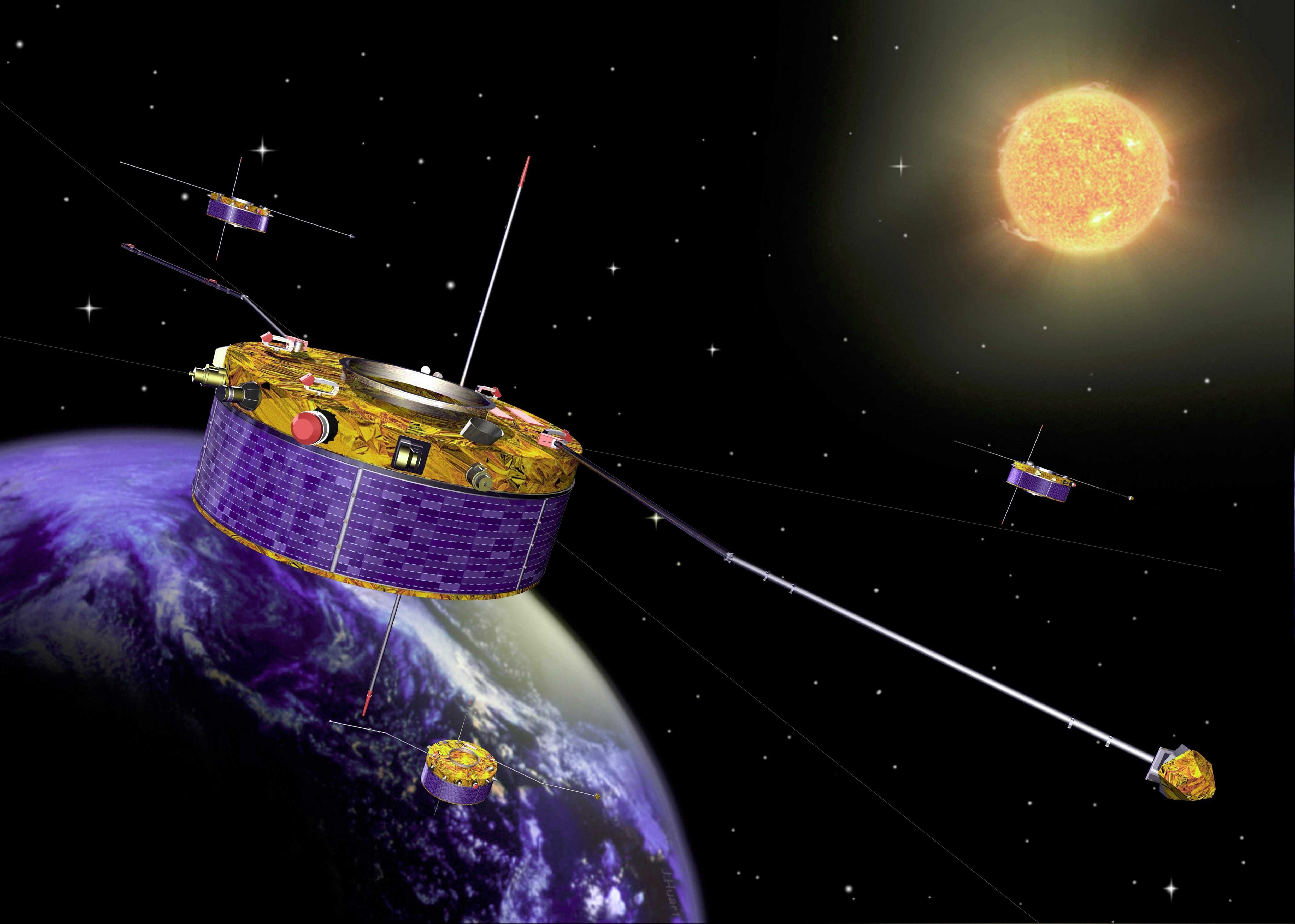 Figure 1 Artist's impression of the Cluster constellation. ESA's mission Cluster consists of four identical spacecraft flying in formation between 19 000 and 119 000 km above the Earth. They study the interaction between the solar wind and Earth’s magnetosphere, or the Sun-Earth connection in 3D.