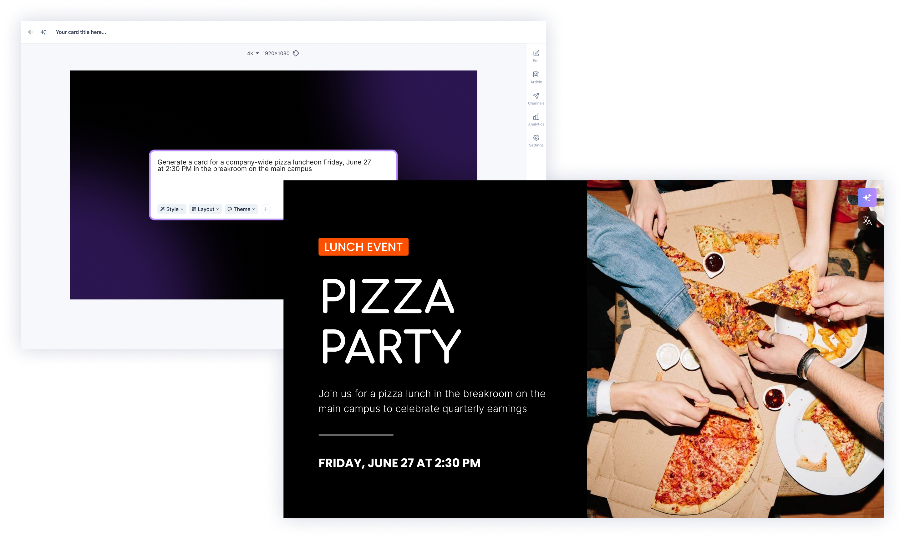 Appspace Generative AI: Create stunning signage instantly from a simple text prompt. No design skills needed. Appspace AI content generation showing a text prompt instantly creating a "Pizza Party" event card with relevant image and details.