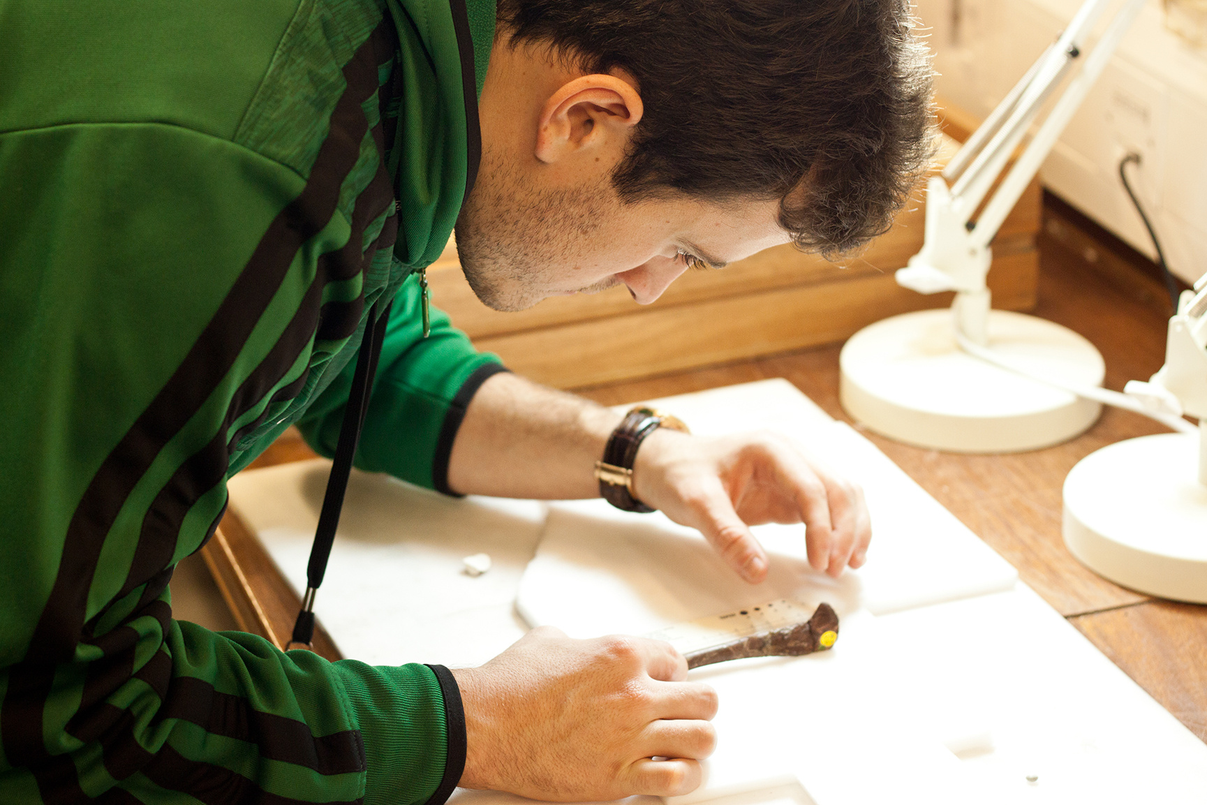 Studiously observing the tibia of the first dinosaur that I ever worked with, Lesothosaurus