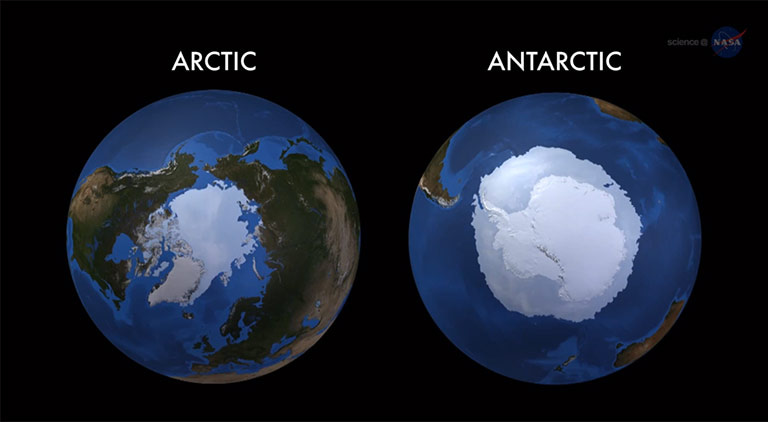 In 2014, Antarctic sea ice reached a record maximum extent while the Arctic reached a minimum extent in the top ten lowest since satellite records began. Credit: NASA's Goddard Space Flight Center