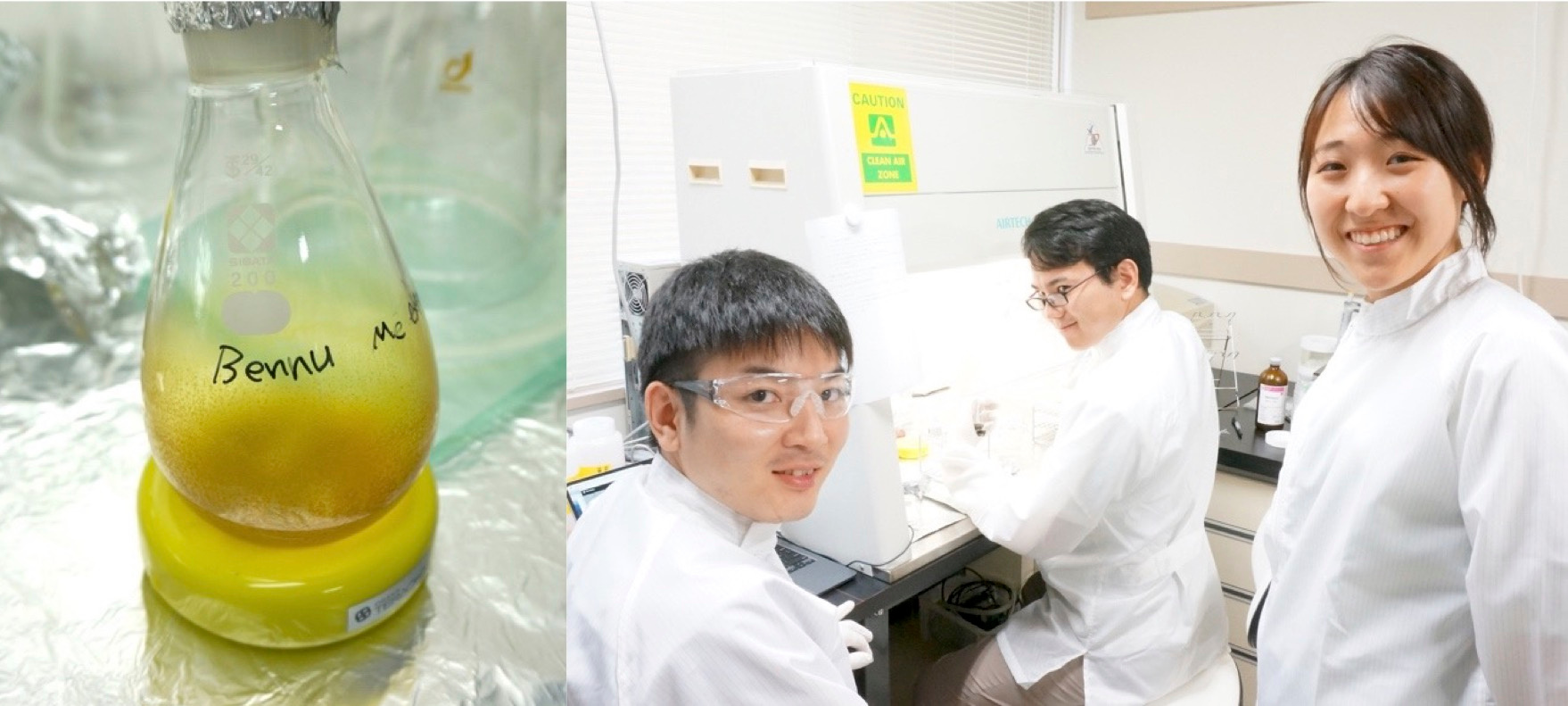 Extract of Bennu sample and Early career researchers handling the Bennu sample.