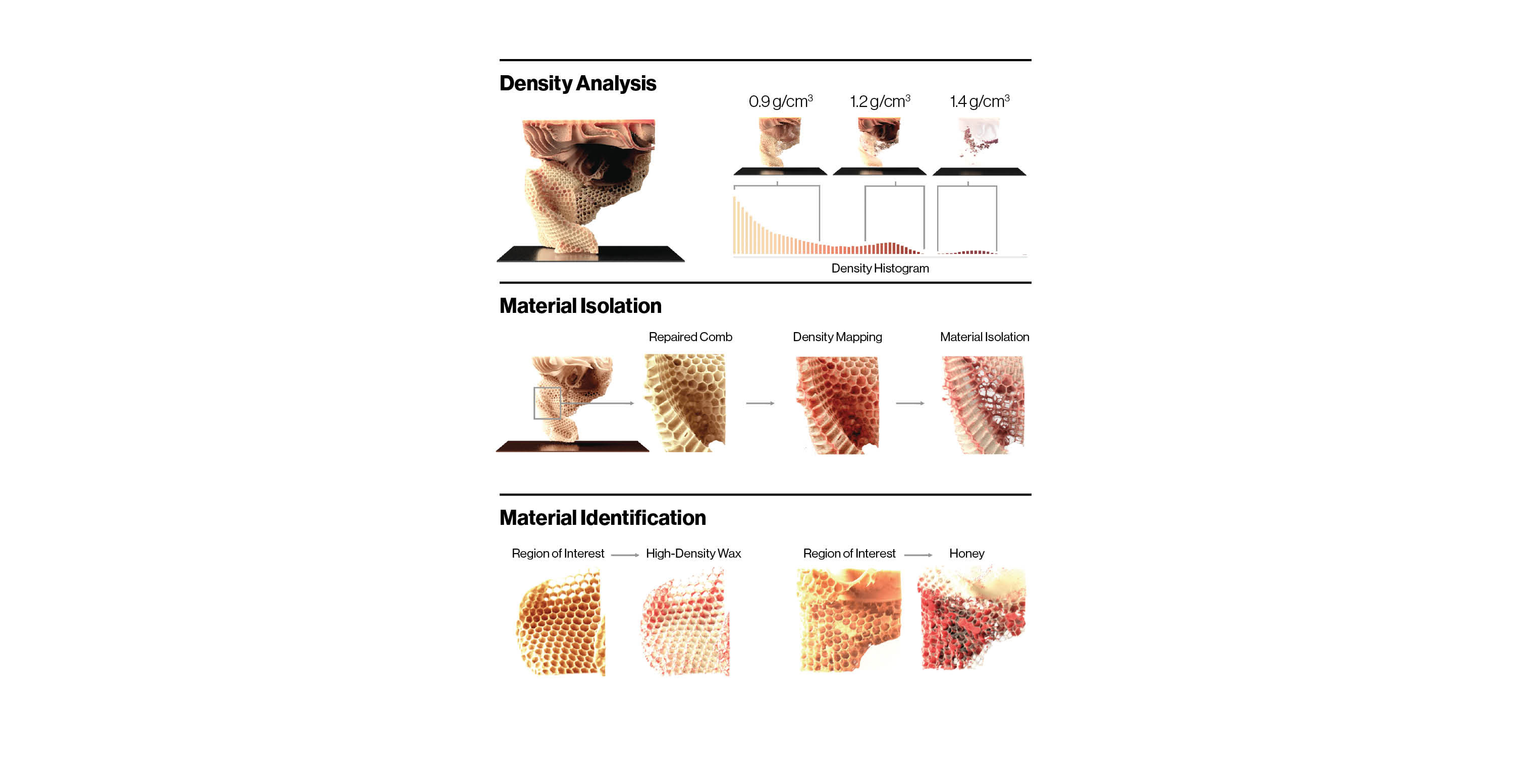 Density Analysis Analysis of physical densities within the comb structure can be used to discriminate between various materials, such as wax and honey.