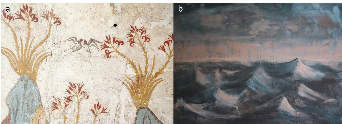 Figure 1 (a) a reverence of plant life dating back to approximately 1500 BC, found on a mural in a house on the Greek island Santorini (Photograph: akg-images/De Agostini Picture/Phaidon), (b) Mountains of Sea by Hanneke van Ryswyk depicting the power of global change driven extreme flooding events (https://www.hannekevanryswyk.com/). 