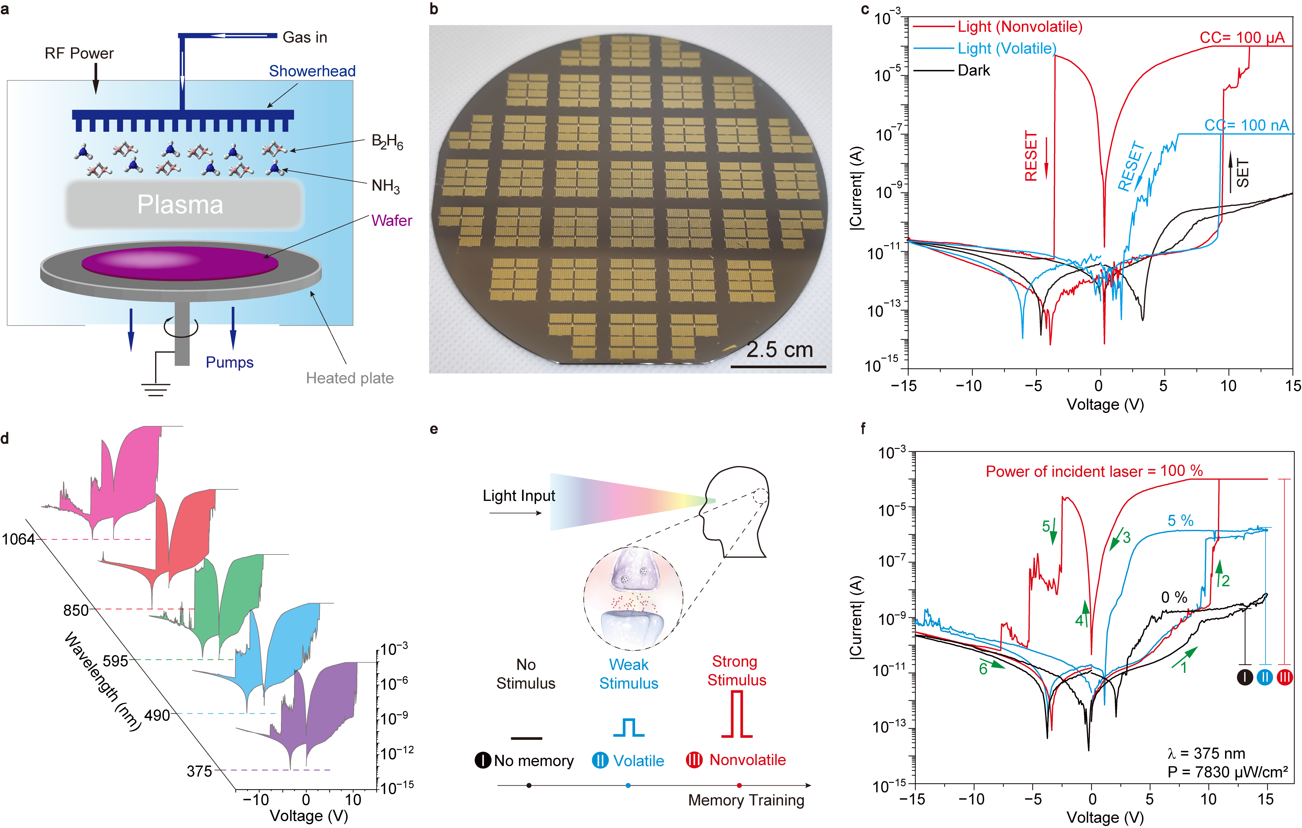 This figure demonstrates the flexibility of the photonic memristor in terms of light-responsive memory behavior, showing its potential for applications in neuromorphic computing and integrated sensing systems.