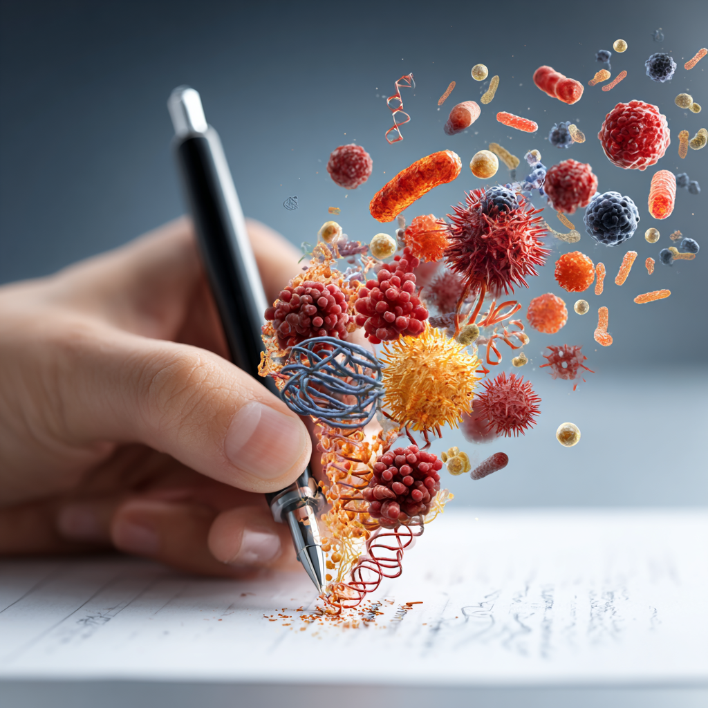 A hand holding a pen and writing on a sheet of paper, with cells and molecules spinning off the page and into the air.