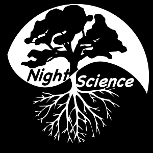 The Night Science Podcast logo showing a black outline of a tree on a white background, with white roots below on a black background.