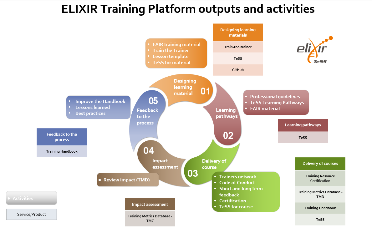 Modular diagram showing the ELIXIR Training Platform output and activities across the entire Training Life Cycle.