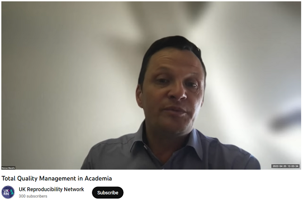 Screengrab of Marcus Munafo at the UKRN online workshop Total Quality Management in Academia