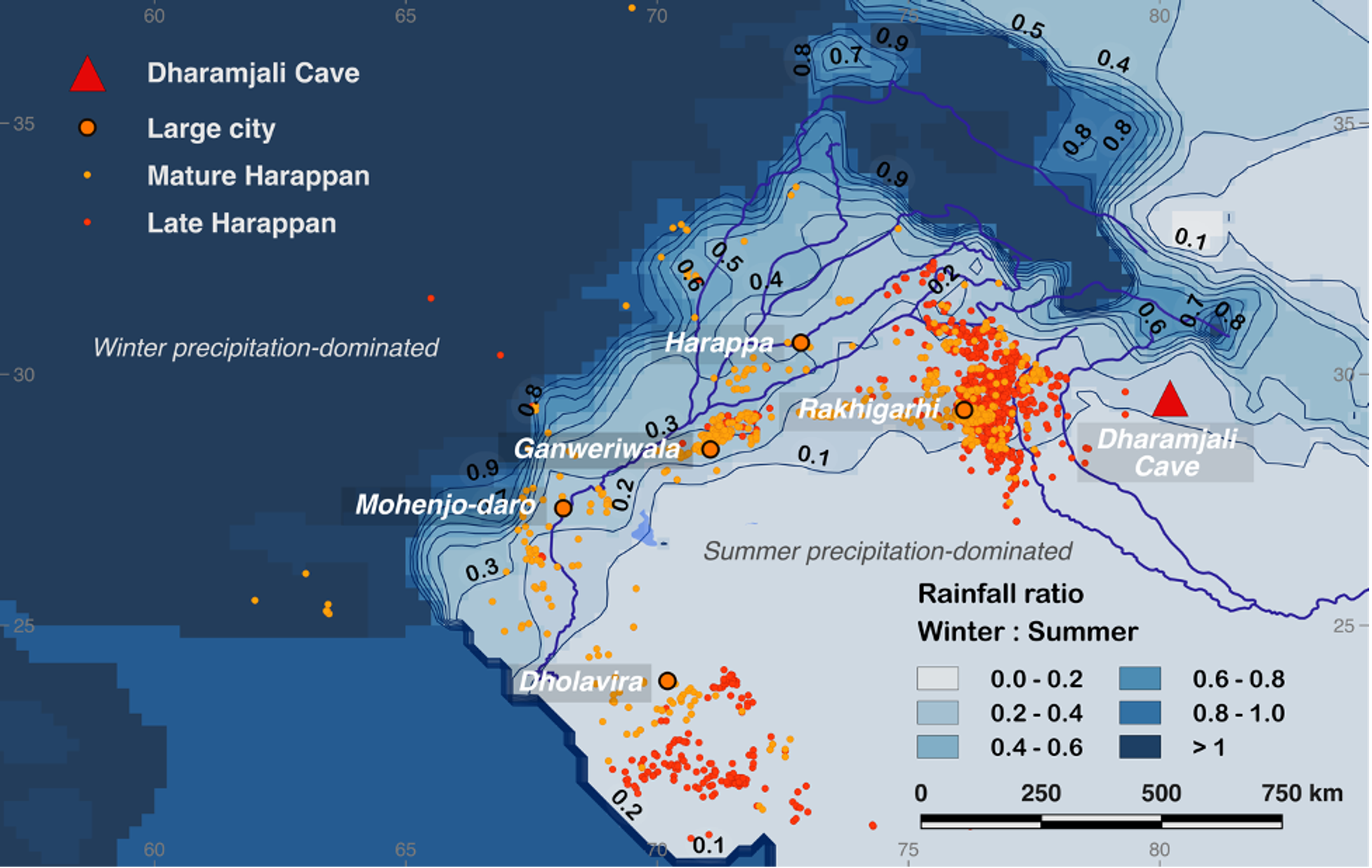 The map shows the distribution of large Indus cities during the Mature Harappan (c. 4.6–3.9 ka BP, orange) and Late Harappan (c. 3.9–3.6 ka BP, red) periods. Contour lines represent the ratio of IWM (Nov–Apr) to ISM (May–Oct) precipitation based on the 0.25° GPCC v2018 dataset from 1951–2000 rain gauge data (Meyer-Christoffer et al., 2018). Figure by Alena Giesche, reproduced from Giesche et al., 2023. 
