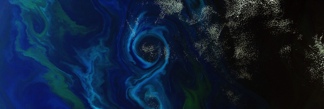 A phytoplankton bloom swirls a figure-of-8 in the South Atlantic Ocean: Different types and quantities of phytoplankton exhibit different colours.