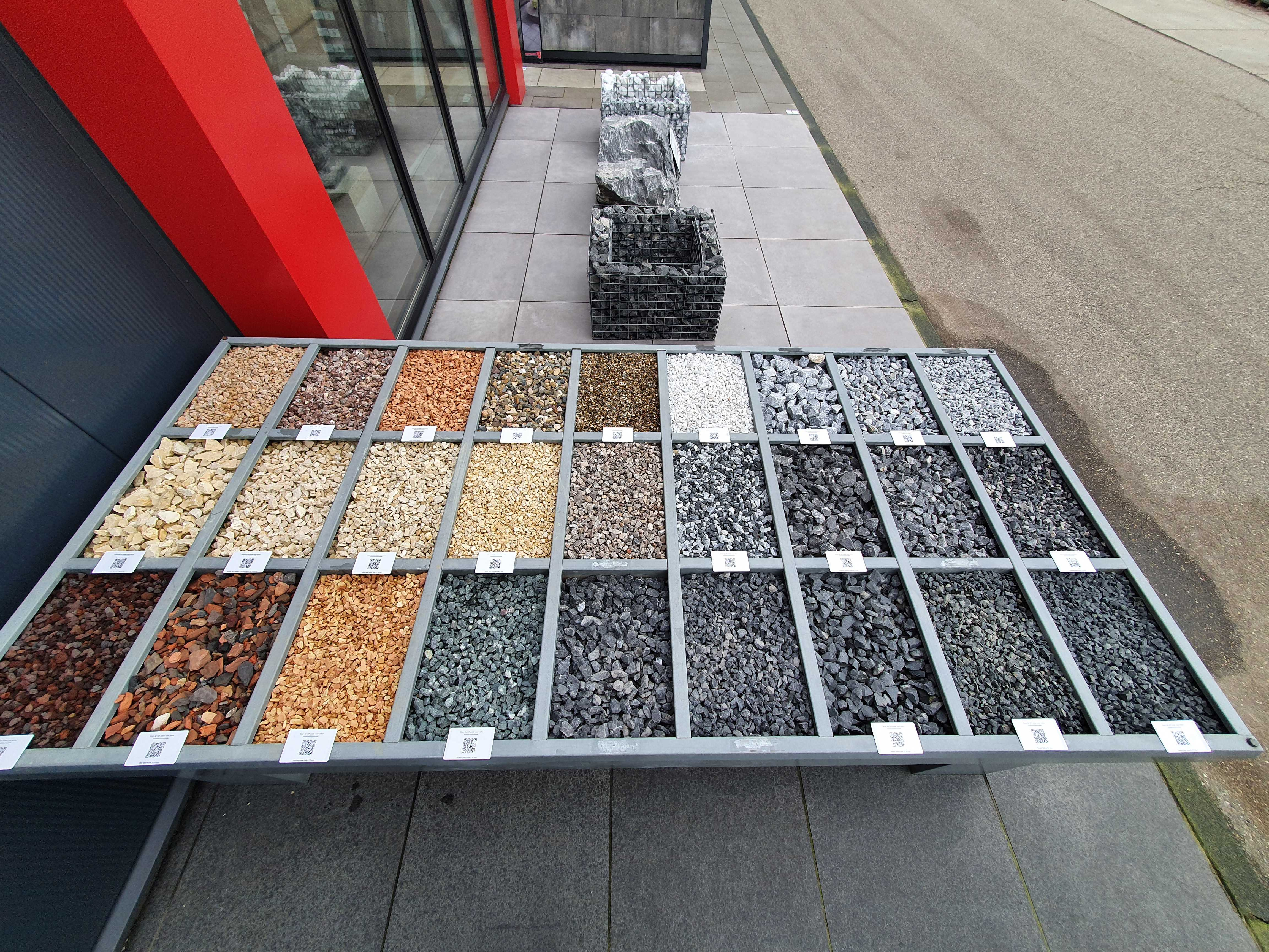  Fig. 3: Variety of stone samples at the garden centre such as different types of basalt, granite, limestone, lava stone, marble, quartz, and slate.