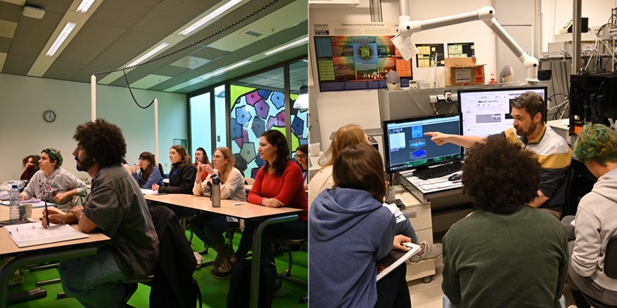 Two photos side-by-side showing course attendees being taught.