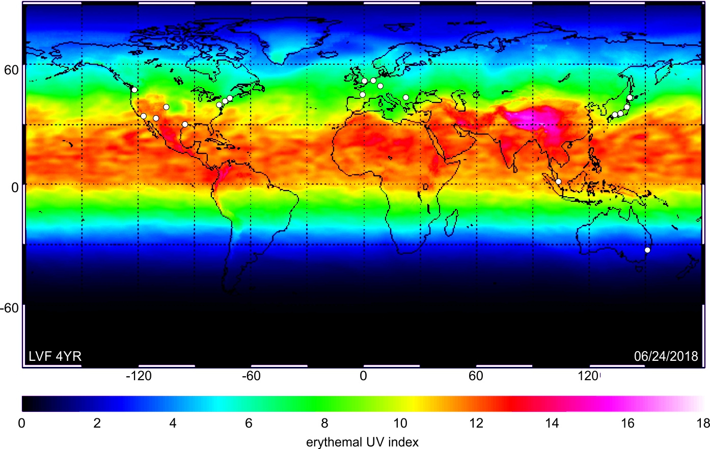 Conference sites of the IFPCS IPCC mapped onto global erythemal index. Severe sunburns triple risk of melanoma skin cancer. Images by Systems Biology and Cancer Metabolism Laboratory, Fabian V. Filipp. Used with permission. CC BY-NC-SA Conference sites of the IFPCS IPCC mapped onto global erythemal index. Severe sunburns triple risk of melanoma skin cancer. Images by Systems Biology and Cancer Metabolism Laboratory, Fabian V. Filipp. Used with permission. CC BY-NC-SA