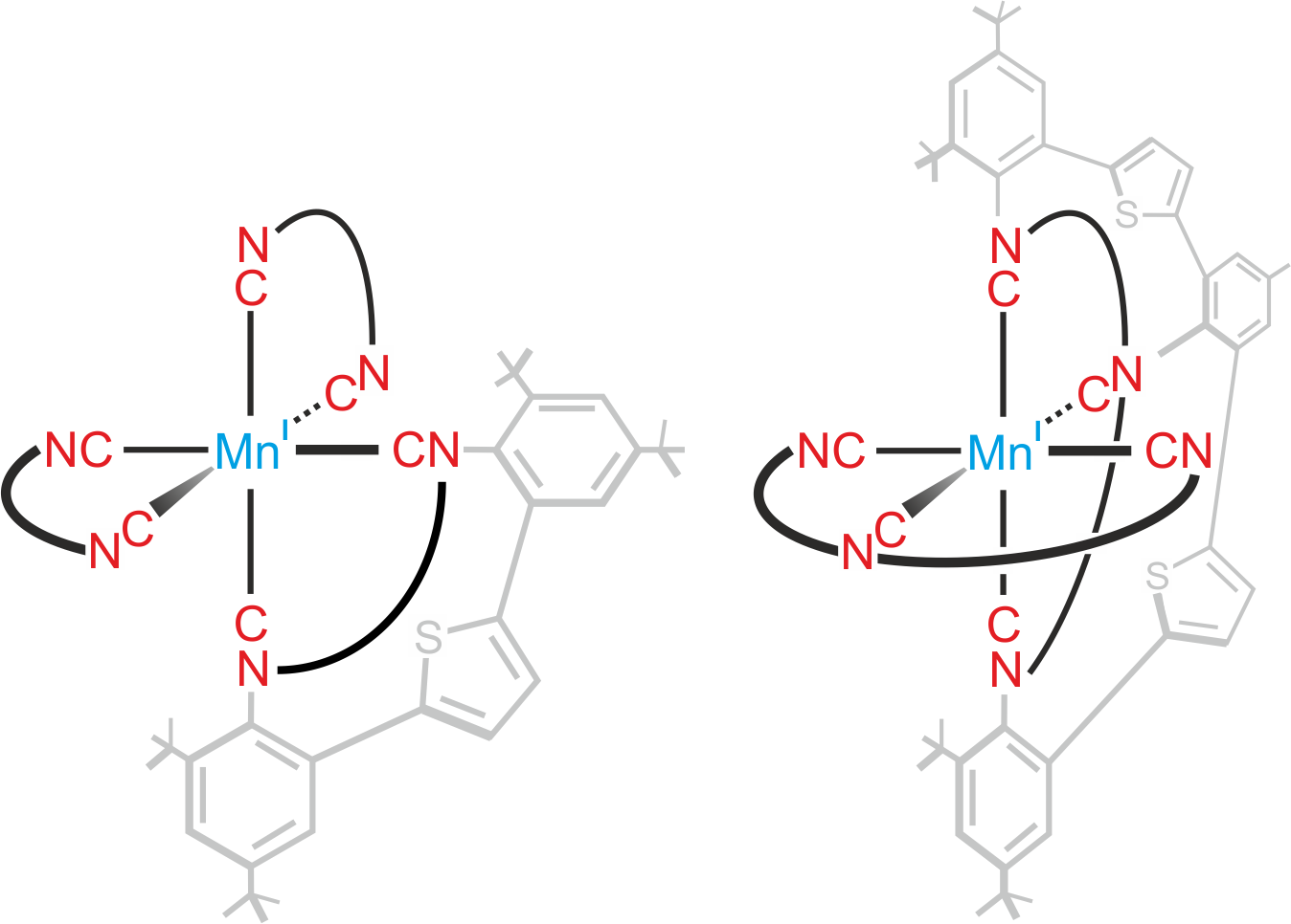 Luminescent manganese(I) complexes with tris(bidentate) and bis(tridentate) coordination environments.