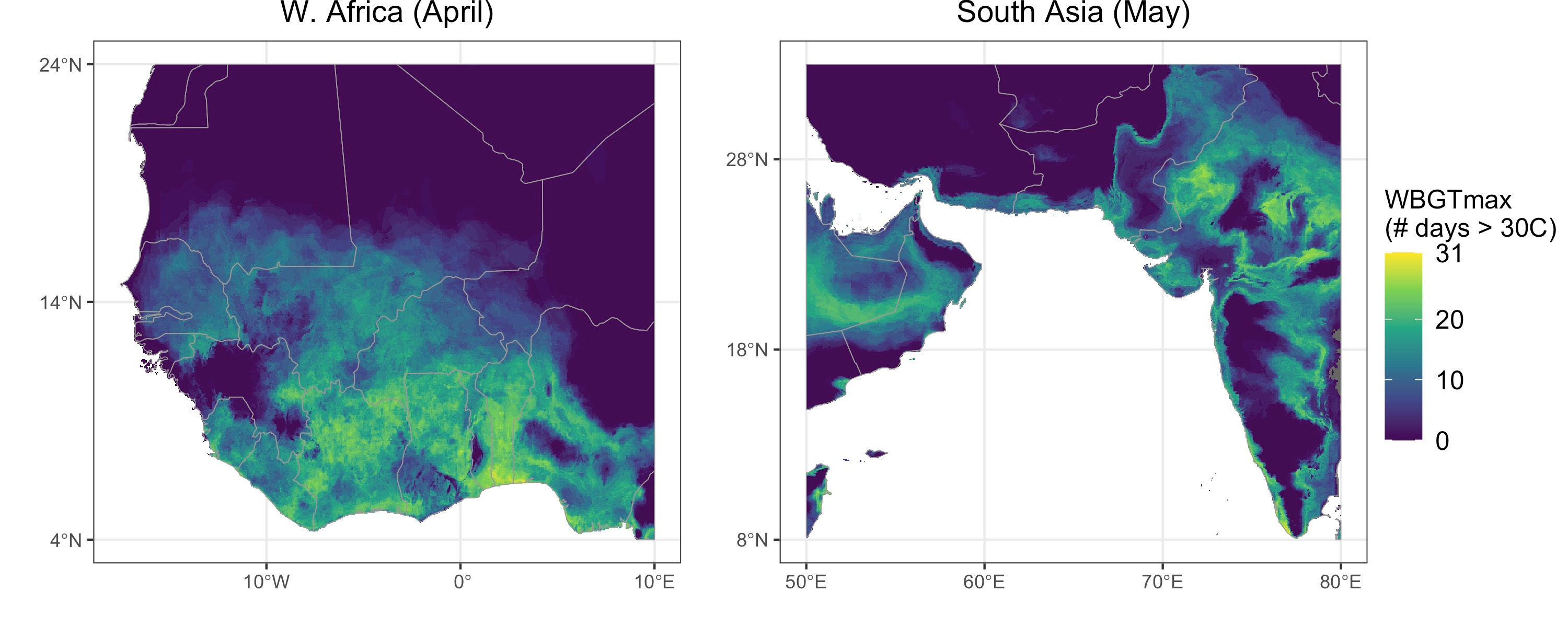 Changes in the number of WBGTmax days warmer than 30C in West Africa in April (left) and South Asia during May (right), during 1983. Based on Fig. 6 from our Scientific Data paper.