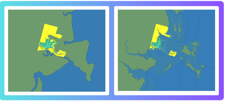 Overhead view of a coastal area before and after projected sea level rise. These maps show a coastal region from above. The left panel represents current conditions, while the right panel shows the same area with projected sea level rise by 2100 under a high-emissions scenario. Areas in yellow are land-based aquaculture zones that may be affected.