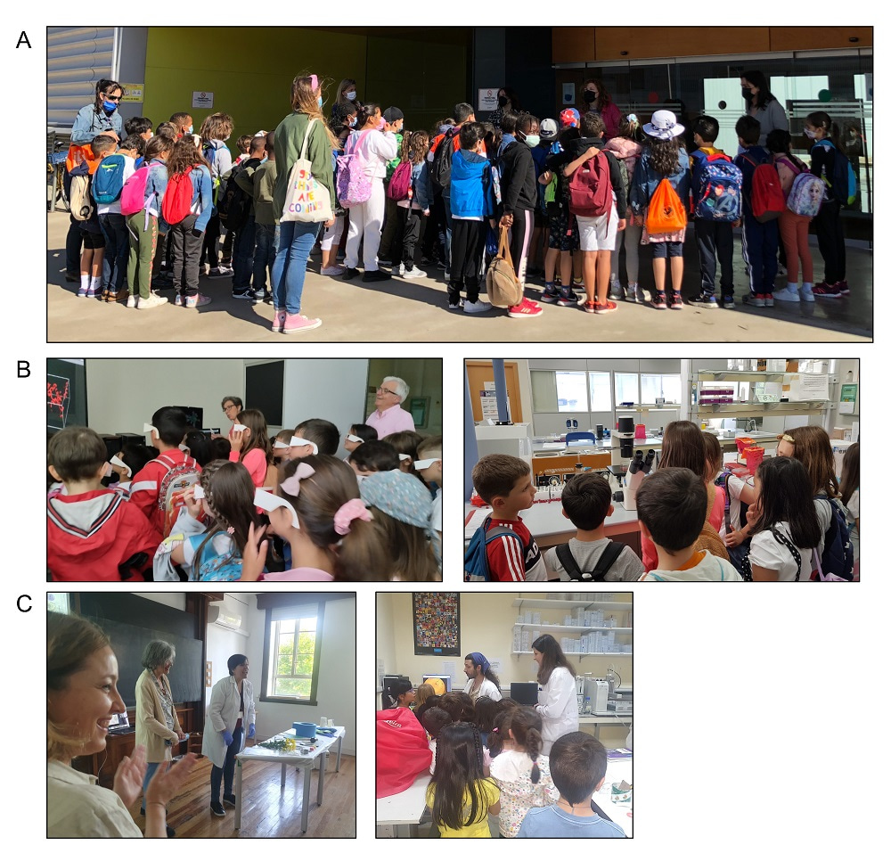 Collection of photographs of children visiting different research centers. 