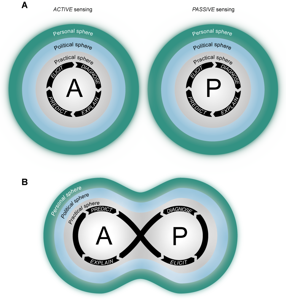 A The active and passive sensing in isolation; B how active and passive sensing can be combined across the spheres of transformation (practical, political, personal) through the actions of eliciting, diagnosing, explaining, and predicting.