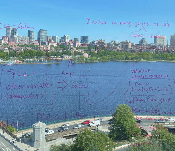 Sketches from an MIT Critical Datathon team on the glass of the venue in Cambridge, MA, with Boston in the background.
