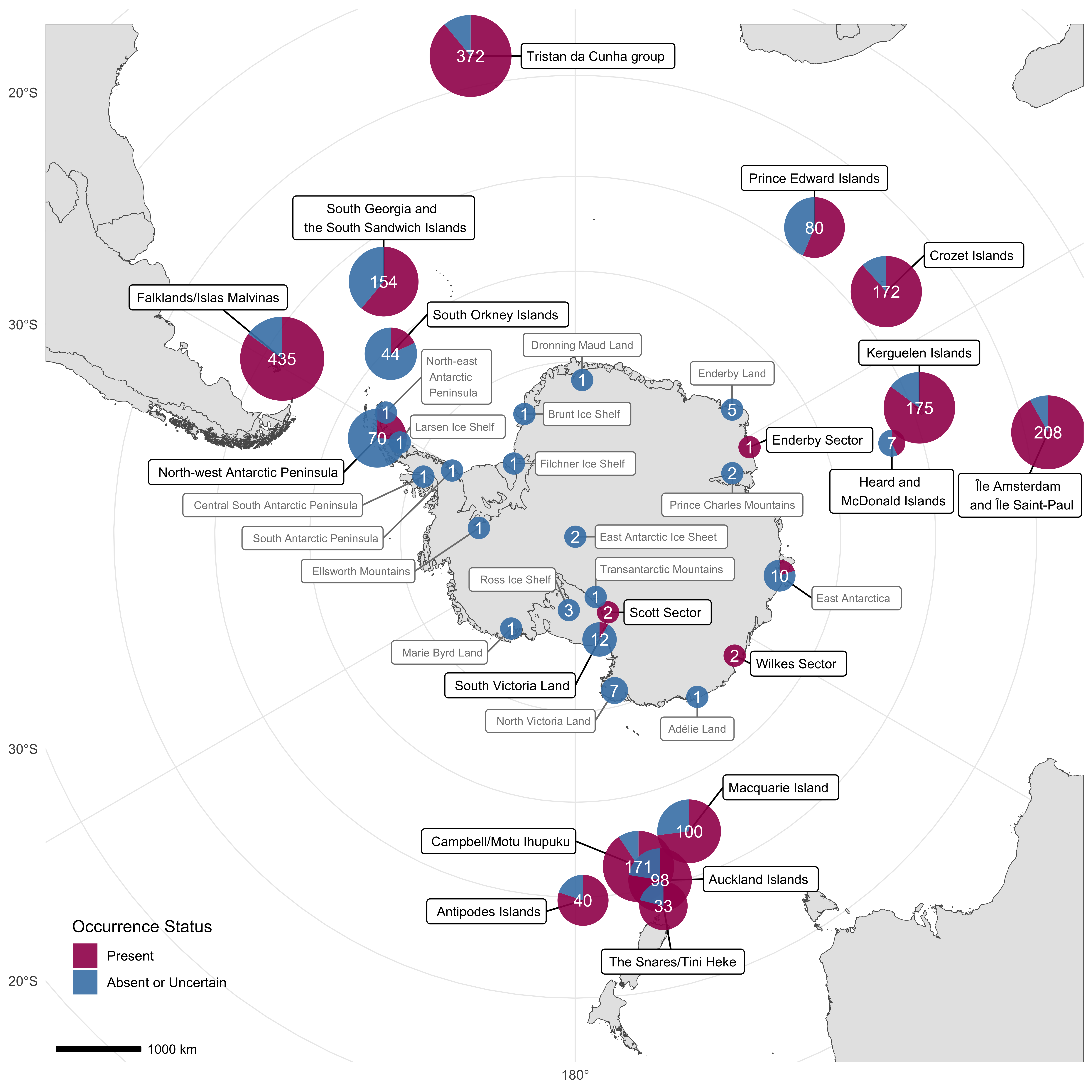 Map of Antarctica and Southern Ocean Islands with points indicating the number of alien species records per sites