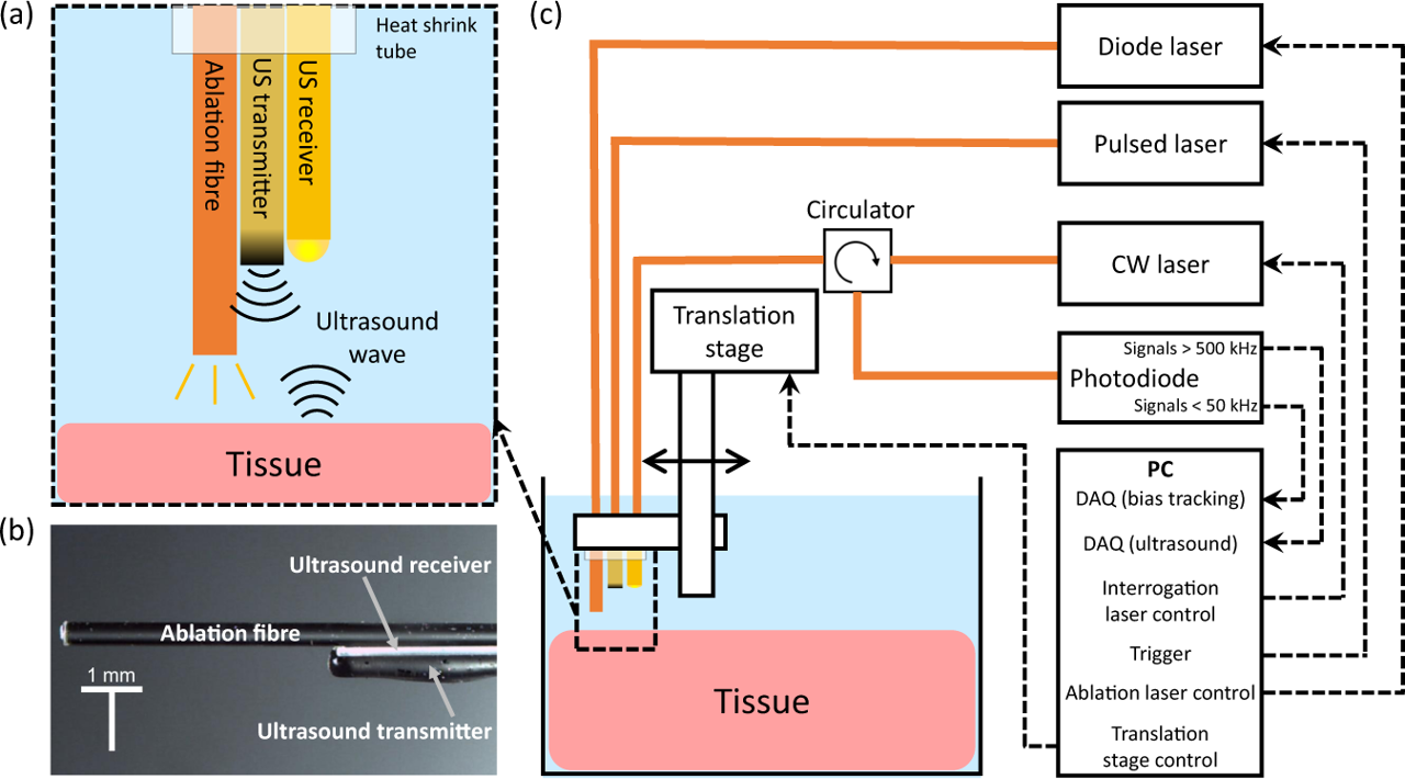 Overview of the system developed for laser tissue ablation with real-time ultrasound imaging. a) Schematic of the miniature fibre-optic probe tip. b) Microscope image of the fibre-optic probe tip. c) Schematic of the system for controlling laser ablation and operating the fibre-optic ultrasound transducer.