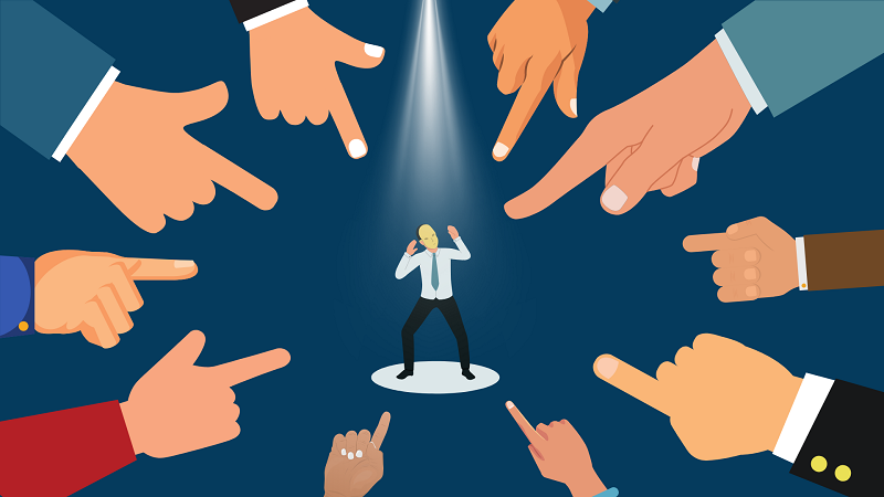 You are not An imposter – Navigating bioinformatics: A self-learning guide for wet-lab scientists Illustration of a man holding his arms up to protect himself from a circle of hands pointing their finger at him in an accusatory way.