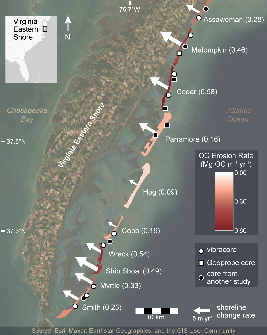 The ten migrational and/or erosional/rotational Virginia Barrier Islands (Mid-Atlantic, USA). Island color and parenthetical values indicate OC erosion rates, normalized by shoreline length. Length and width of white arrows correspond to long-term (1870–2017 C.E.) island-averaged shoreline change rates.