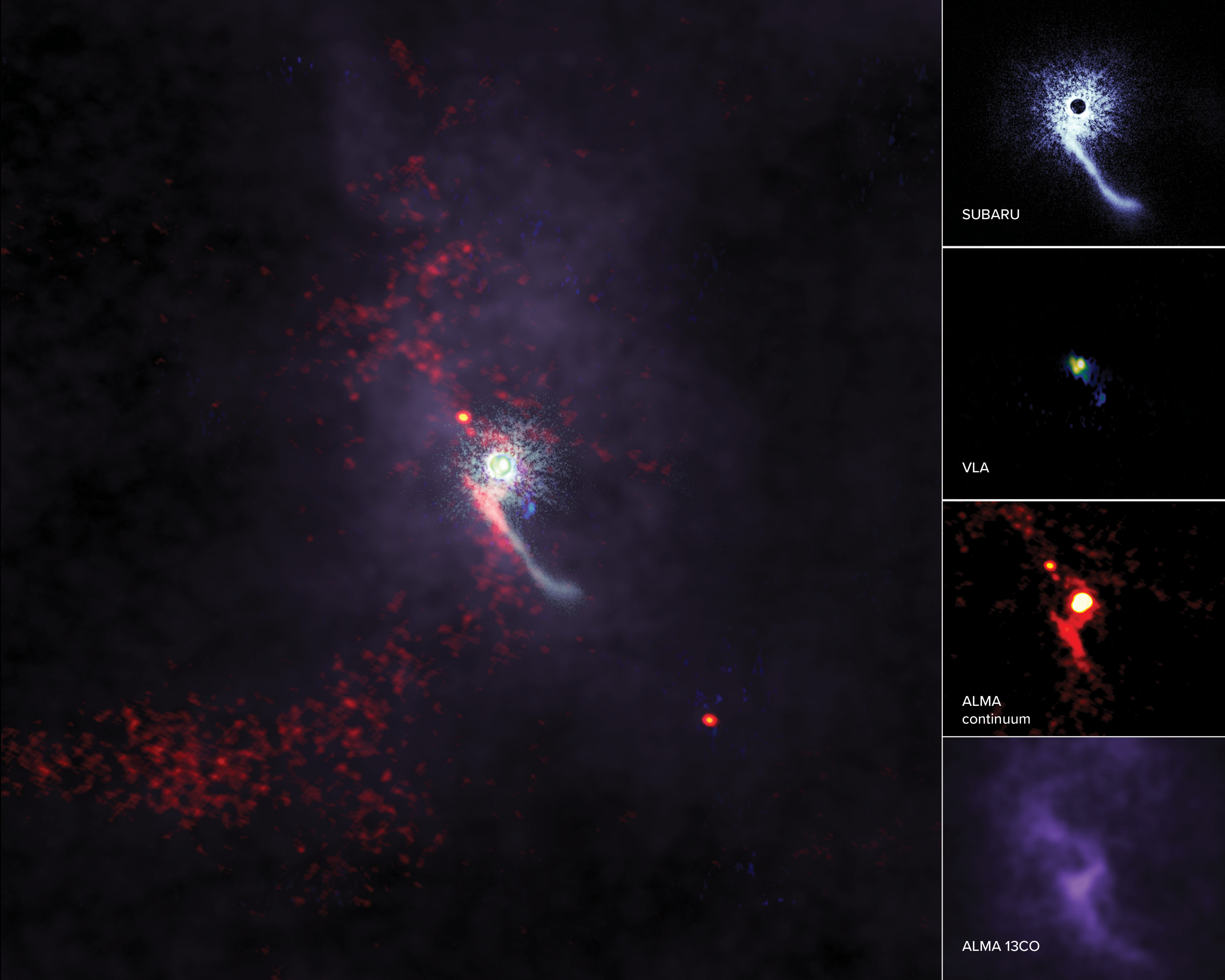 Observations of ZCMa obtained with the Subaru Telescope in the H-band, the Karl G. Jansky Very Large Array in the Ka-band, and the Atacama Large Millimeter/submillimeter Array’s Band 6 receiver. Credit: ALMA (ESO/NAOJ/NRAO), S. Dagnello (NRAO/AUI/NSF), NAOJ.