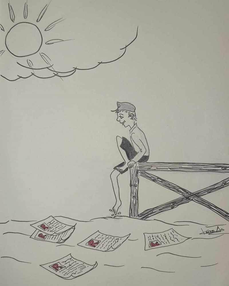 Blacka nd white sketch of a boy sitting on a peer, dipping one toe in the water, which has papers floating on it representing preprints.