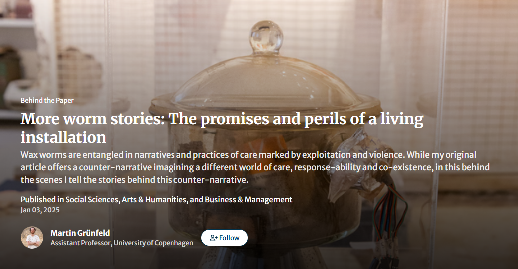 A creative installation featuring wax worms, accompanying an article exploring narratives of care and coexistence.