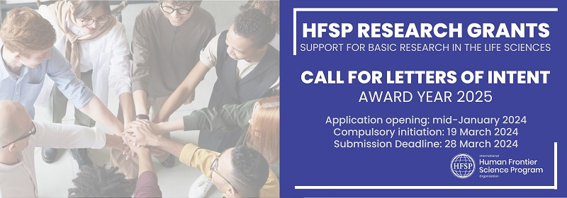 International Human Frontier Science Program Organization reearch grants program Banner about the International Human Frontier Science Program Organization research grants program, showing people in a circle holding hands in the middle, and text advertising the program details on the right.