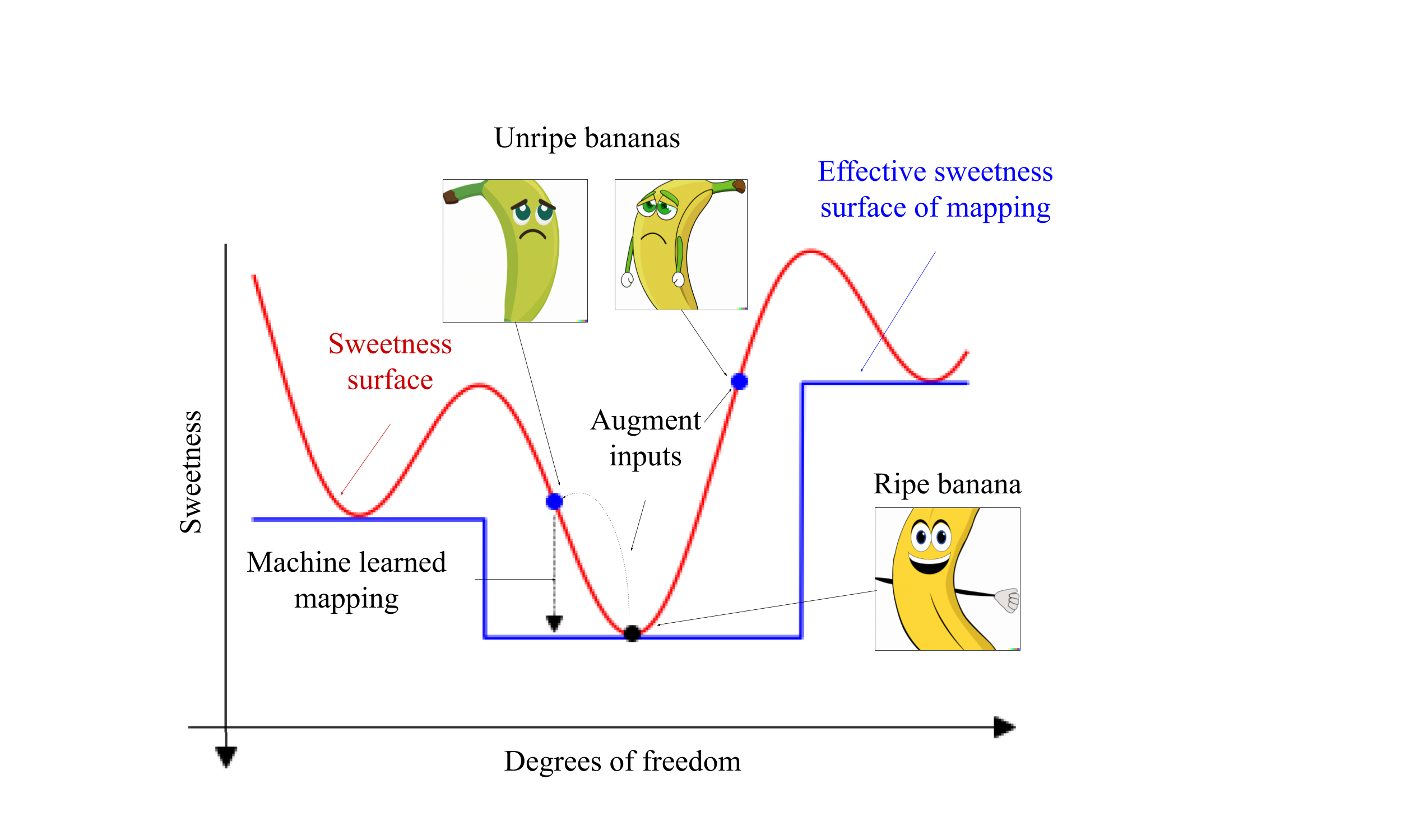 The red line denotes the sweetness mapping of the banana in the state it is. The blue line illustrates the augmented mapping, which describes what the sweetness of a banana will be once allowed to ripen.
