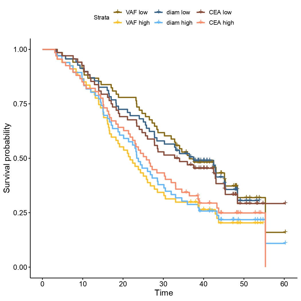 Kaplan Meyer curves comparing the prognostic value of CEA, RECIST sum of diameters and VAF. Medians are used as cut-offs